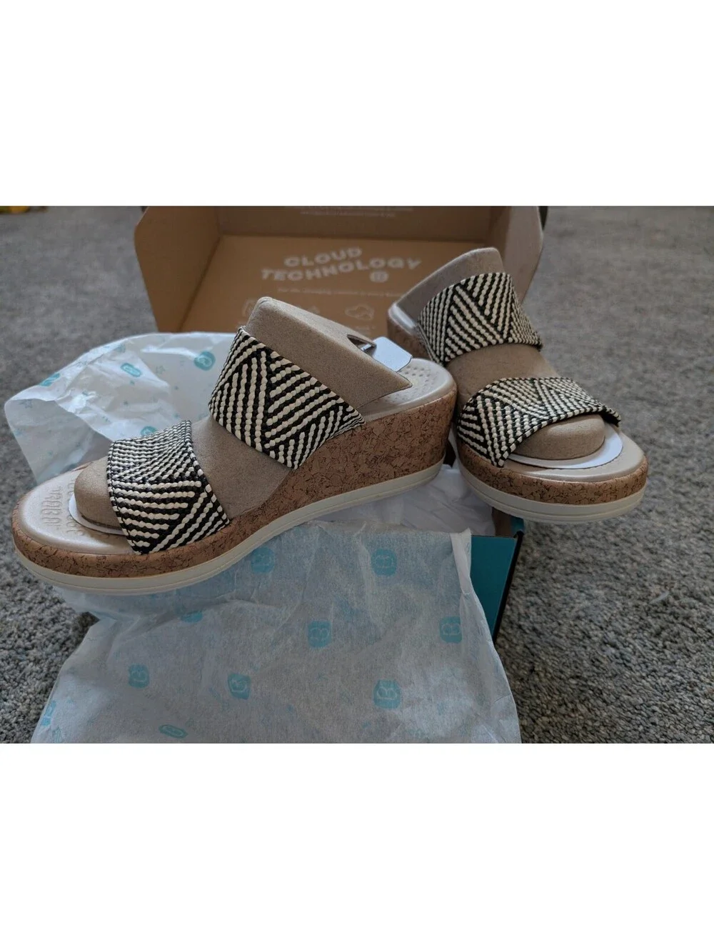 Bzees Women's Wedge Sandals Cork Platform & Black White Striped Straps 7.5 NIB